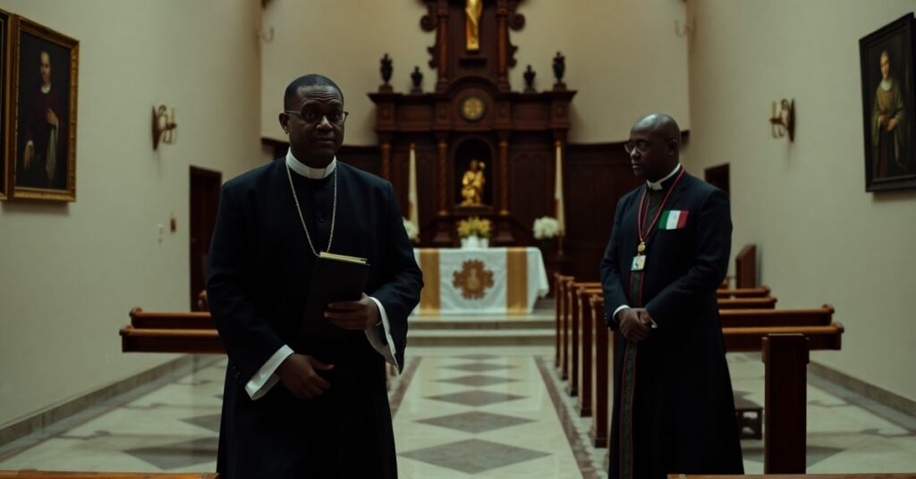 Tradycyjny ksiądz katolicki stojący w kościele z modlitewnikiem w ręku, obok niego nowoczesny 'kapłan' z Nigerii w sekularyzowanym stroju duchownym. Scena symbolizuje konflikt pomiędzy prawdziwym katolicyzmem a nowoczesnym posoborowym synkretyzmem.