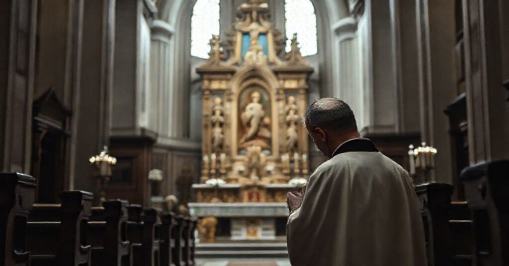 Wnętrze tradycyjnego kościoła z kapłanem modlącego się przed tabernakulum, symbolizujące konflikt między wiarą a nowoczesnością