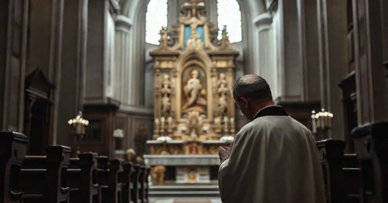 Wnętrze tradycyjnego kościoła z kapłanem modlącego się przed tabernakulum, symbolizujące konflikt między wiarą a nowoczesnością