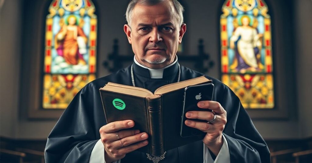Kapelan w tradycyjnych szatach kapłańskich trzyma stare księgi i smartfona z aplikacjami Spotify i Apple Podcasts na tle wnętrza kościoła.