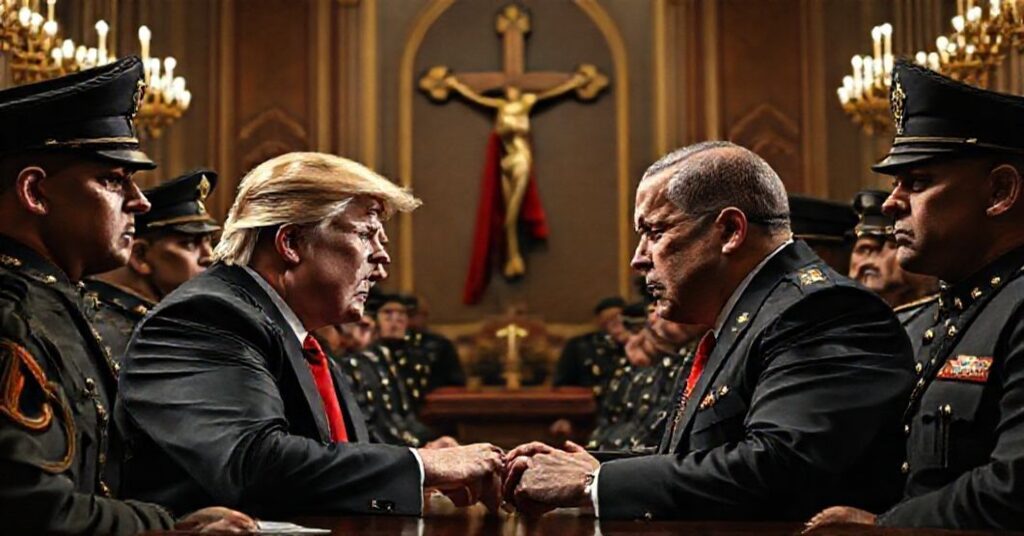 Portret Donalda Trumpa i Nicolasa Maduro w napiętej rozmowie politycznej w wielkim rządowym salonie