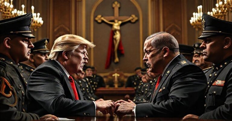 Portret Donalda Trumpa i Nicolasa Maduro w napiętej rozmowie politycznej w wielkim rządowym salonie