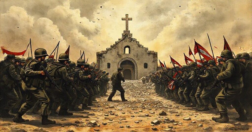 Sztuka przedstawiająca konflikt w Libanie z perspektywy katolickiej, podkreślając brak panowania Chrystusa Króla