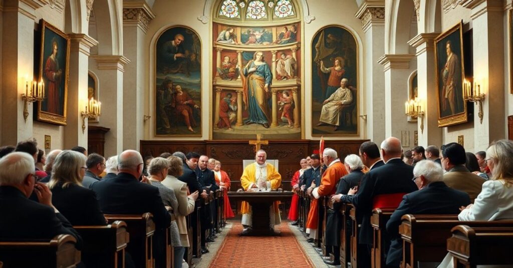 Wnętrze kościoła z konfliktem między świeckimi i biskupami podczas synodalnego spotkania.