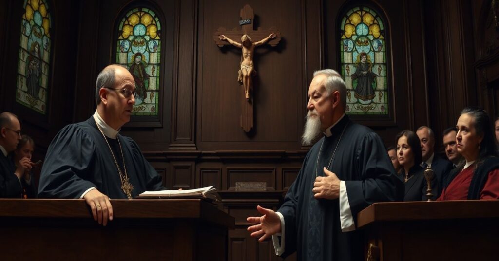 Sądowa scena przedstawiająca konflikt między sędzią i księdzem w kontekście manipulacji wymiarem sprawiedliwości