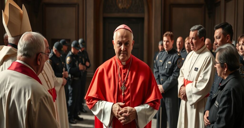 Obraz przedstawiający konflikt między wiktorijskimi dostojnikami a agentami ICE w Minneapolis, z akcentem na tradycyjny katolicki punkt widzenia.