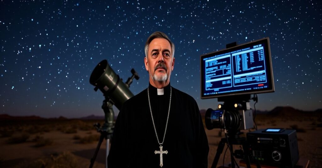 Sobiezwany książ o. Richard Anthony D'Souza SJ przed teleskopem w pustyni Arizony.