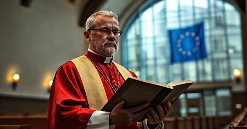 Ksiądz w tradycyjnym stroju liturgicznym trzyma otwartą Biblię w kościele. W tle widoczny jest nowoczesny budynek biurowy z flagą UE.