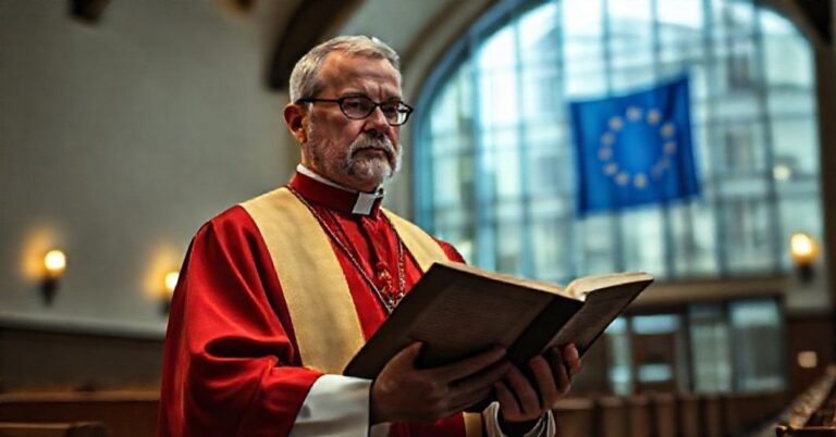 Ksiądz w tradycyjnym stroju liturgicznym trzyma otwartą Biblię w kościele. W tle widoczny jest nowoczesny budynek biurowy z flagą UE.