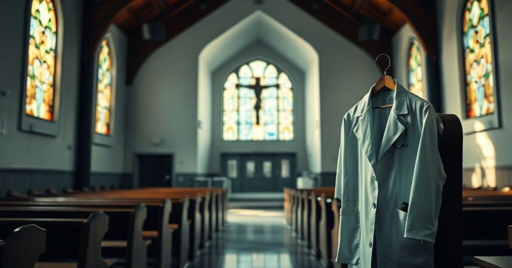 Ciemny wnętrze kościoła z promieniami słońca przecinającymi witraże, na tle nowoczesnej kliniki medycznej. Krzyż w pierwszym planie symbolizuje brak duchowości w medycynie współczesnej.
