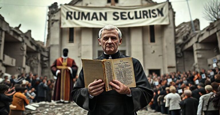 Ksiądz w tradycyjnym habitach stoi przed nowoczesnym kościołem, trzymając encyklikę Piusa X. Na tle widoczny jest bez twarzy papież 'Leo XIV' mówiący do tłumu pod banerem 'Braterstwo Ludzkie'. Scena ukazuje konflikt między prawdziwą katolicką nauką a utopijnymi ideami.