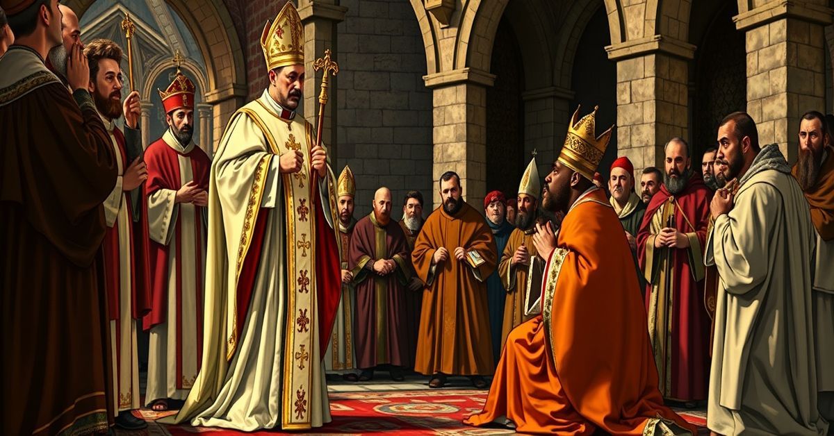 Obrązek przedstawiający papieża Grzegorza VII i cesarza Henryka IV podczas spotkania w Canossie w 1077 roku, podkreślający supremację papieską nad władzą świecką.