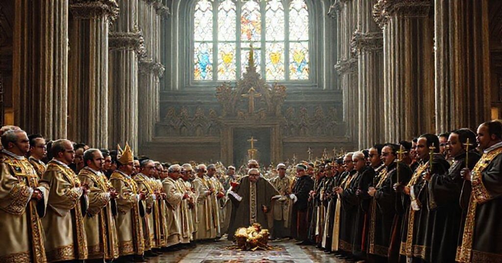 Katedra z naturalnym świetłem filtrowanym przez witraże; tradycyjny kler w ornatach versus nowoczesni duchowni z Leo XIV; zdemoralizowana szopka z zawodami zamiast tradycyjnych postaci.