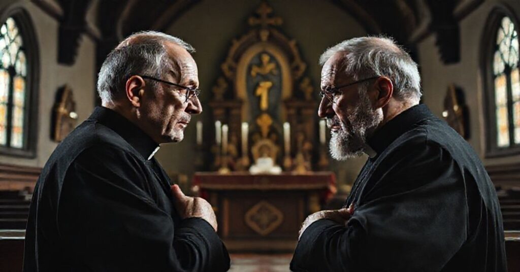 Obraz przedstawiający Marcina Zielińskiego i Dariusza Mysiora w spornym dyskursie w kościele. Tło ukazuje tradycyjne katolicyzm elementy, ale światło koncentruje się na chaosie dyskusji.