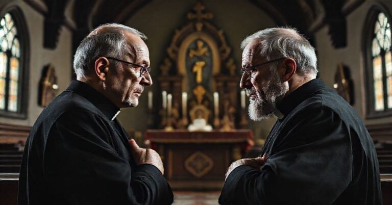 Obraz przedstawiający Marcina Zielińskiego i Dariusza Mysiora w spornym dyskursie w kościele. Tło ukazuje tradycyjne katolicyzm elementy, ale światło koncentruje się na chaosie dyskusji.