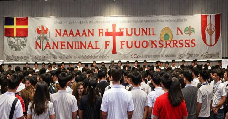 Zgromadzenie młodzieży na Kongresie Przyszłości Narodowej przed sekularnymi wystawami historycznymi bez widocznych katolickich symboli.