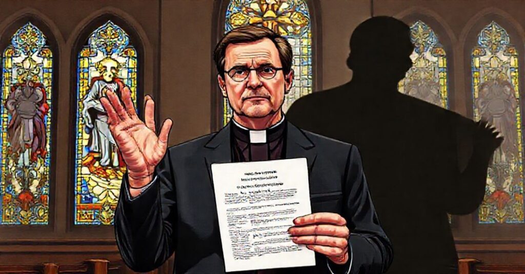 Kongresmen Mark Messmer w tradycyjnej kaplicy z witrażami przedstawiającymi Chrystusa Króla trzymający kontrowersyjny dokument ustawy. Jego wyraz twarzy jest sprzeczny.