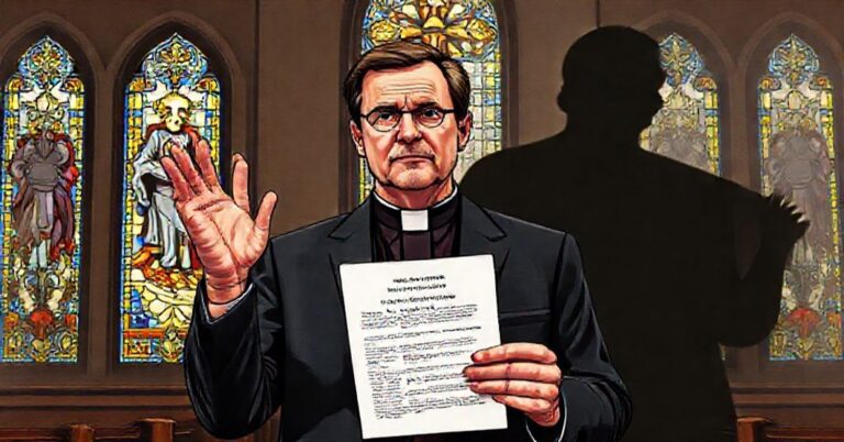 Kongresmen Mark Messmer w tradycyjnej kaplicy z witrażami przedstawiającymi Chrystusa Króla trzymający kontrowersyjny dokument ustawy. Jego wyraz twarzy jest sprzeczny.