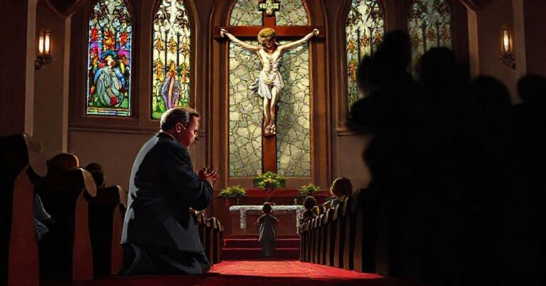 Kongresmen Bob Onder modli się w tradycyjnym kościele katolickim przed krzyżem z troską na twarzy, otoczony witrażami przedstawiającymi Ofiarę Mszy św. W tle dzieci bezpiecznie się bawiących na kontrast z ciemnymi cieńmi symbolizującymi niebezpieczeństwa ideologii transpłciowej.