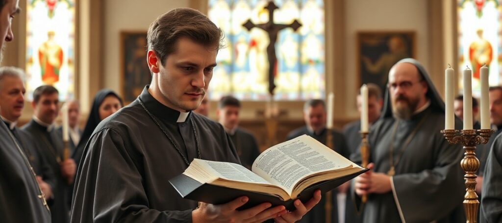 Zdjęcie przedstawiające tradycyjny katolicki seminarium w Ośrodku Emaus w Turno z klerykami w sutannach i Jakubem Stafim trzymającym Biblię. Na tle widoczni są księża dr Marcin Zieliński i dr hab. Jacek Kucharski.