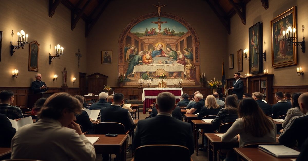 Scena z Ogólnopolskiego Konkursu Wiedzy Biblijnej w Koszalinie. Młodzi uczestnicy siedzą przy pulpitach w tradycyjnym kościelnym salonie. Przewodniczący komisji, o. Piotr Włodyga OSB, stoi przy kateddrze i wypowiada się o 'metaforycznej wartości Biblii'. Ściany zdobią ikonografia religijna: krzyż, rzeźby świętych i wielki gobelin przedstawiający Ostatnią Wieczerzę.