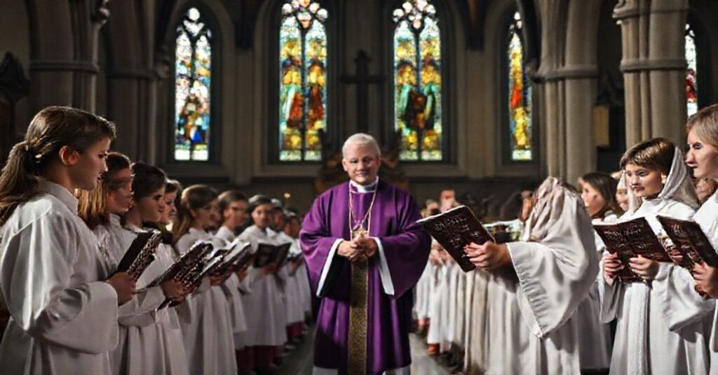 Uroczysty widok wnętrza tradycyjnego kościoła podczas XXX Diecezjalnego Konkursu Wiedzy Biblijnej w Sandomierzu z młodymi uczestnikami w białych szatach i 'biskupem' Krzysztofem Nitkiewiczem wręczającym nagrody.