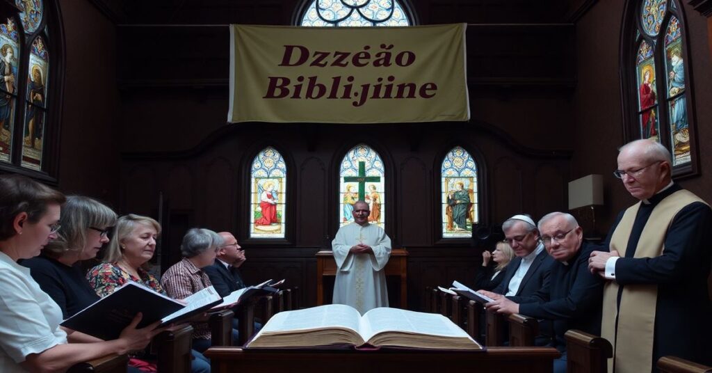 Grupa dorosłych uczestniczących w konkursie biblijnym w kaplicy diecezji zielonogórsko-gorzowskiej