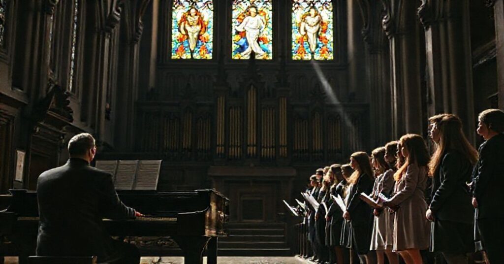 Tradycyjny wnętrze katolickie z organami i witrażami przedstawiającymi Chrystusa Króla. Poważny pianista gra Chopina podczas konkursu.