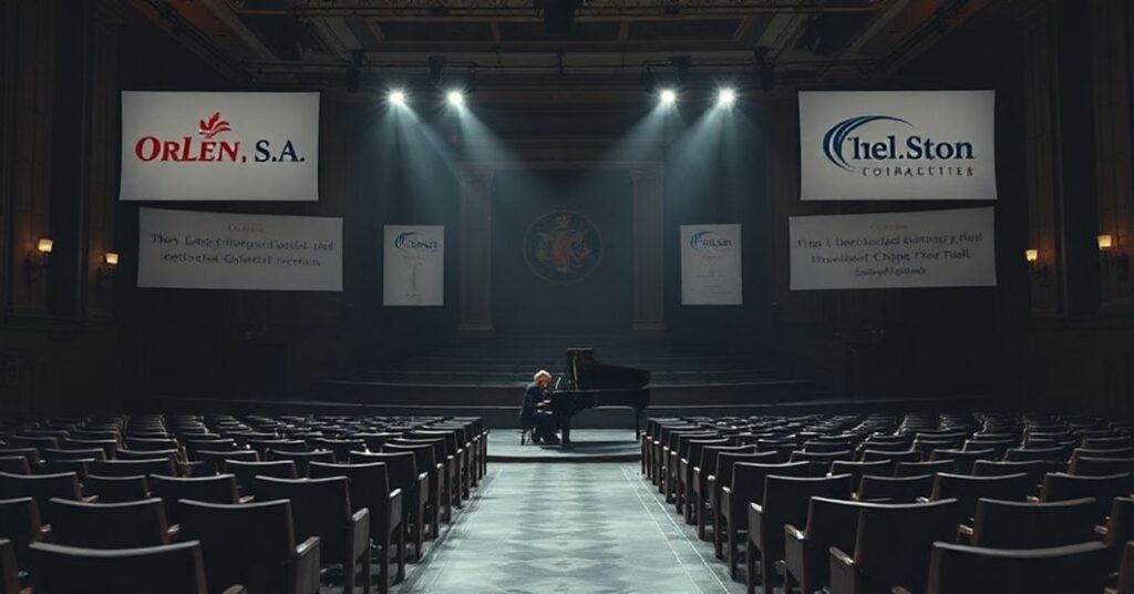 Katolicka perspektywa na Konkurs Chopinowski: koncertowy widok z pianistą na scenie i korporacyjnymi logami.