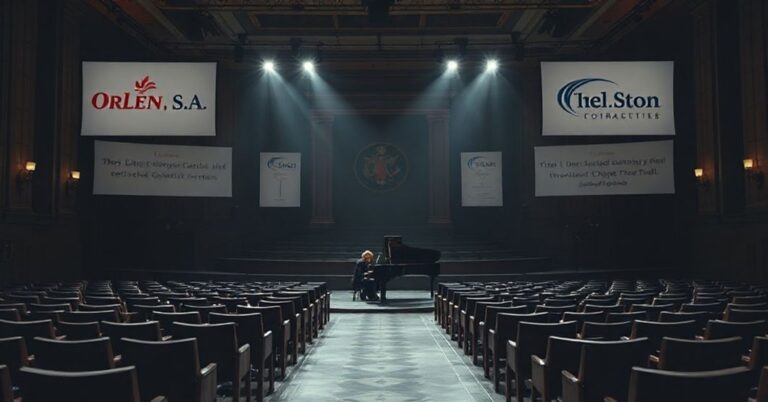 Katolicka perspektywa na Konkurs Chopinowski: koncertowy widok z pianistą na scenie i korporacyjnymi logami.