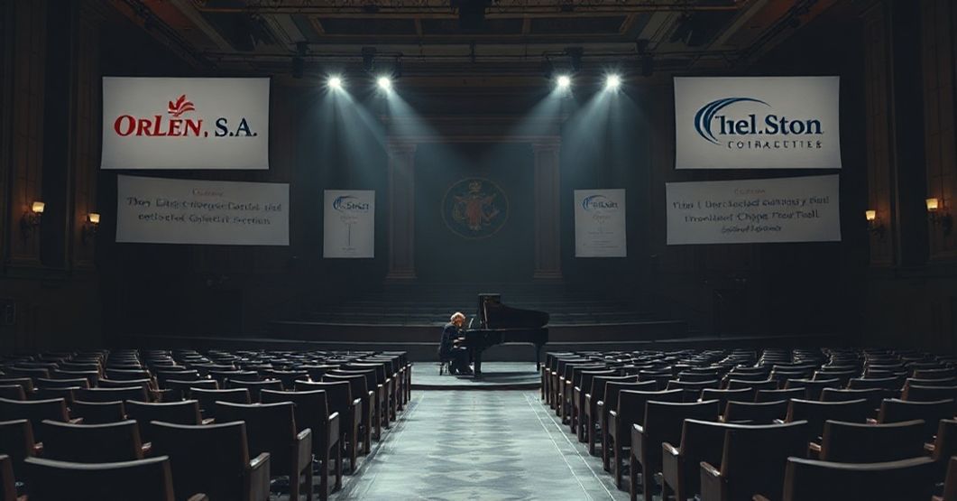 Katolicka perspektywa na Konkurs Chopinowski: koncertowy widok z pianistą na scenie i korporacyjnymi logami.