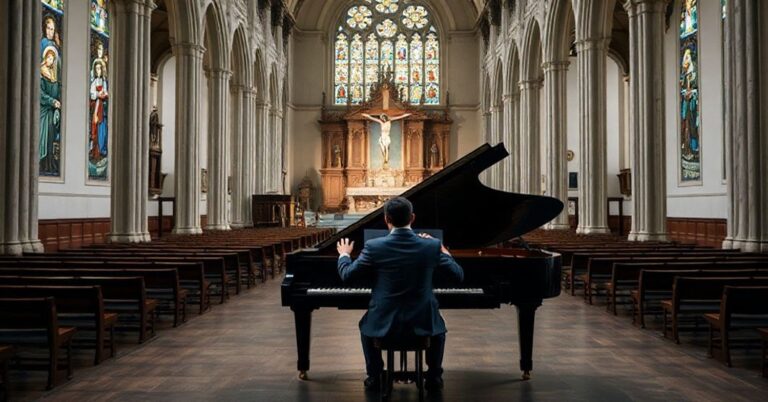 Wnętrze katedry z fortepianem w centrum i pianistą w stroju koncertowym, otoczone katolicką ikonografią.