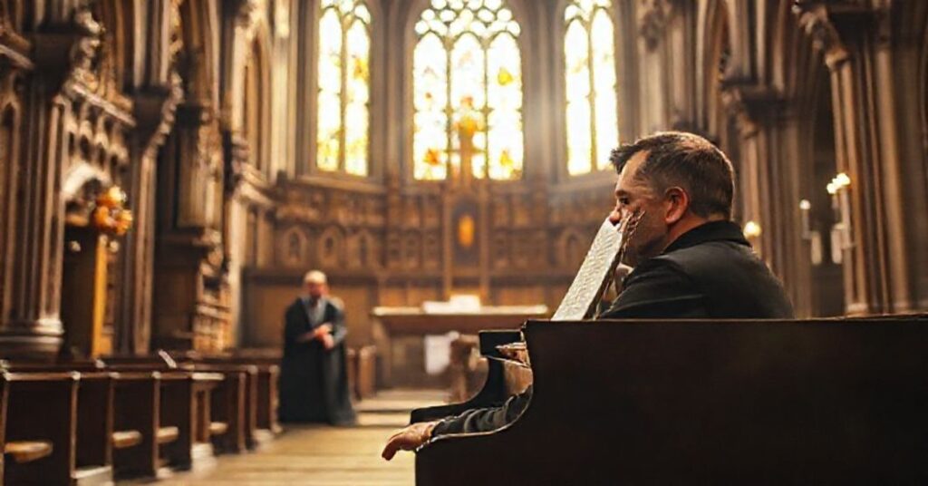 Pianista grający Chopina w tradycyjnym kościele katolickim z dekoracjami witrażowymi i sakralnymi elementami.