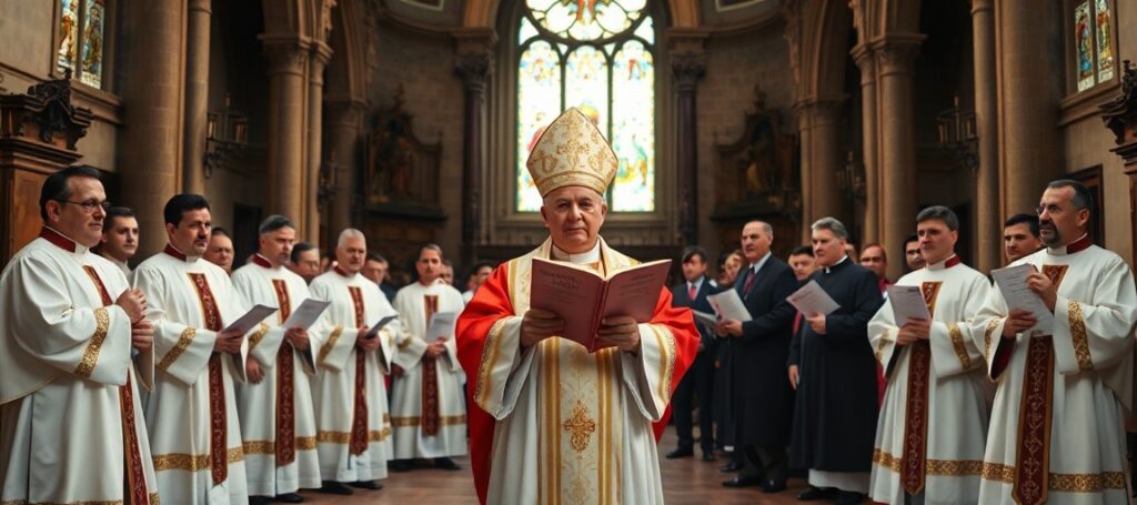 Tradycyjny katolicki scenariusz przedstawiający uroczysty moment w historycznym kościele. Arcybiskup Stanisław Budzik stoi na ambonie w tradycyjnych szatach liturgicznych, trzymając zwój z napisem 'Konkurencyjne wyłanianie proboszczów'. Za nim stoi grupa księży, każdy z CV i programem duszpasterskim w ręku. Kościół jest ozdobiony sakralnym sztuką i symbolami prawdziwej wiary katolickiej. Atmosfera jest poważna i uroczysta.