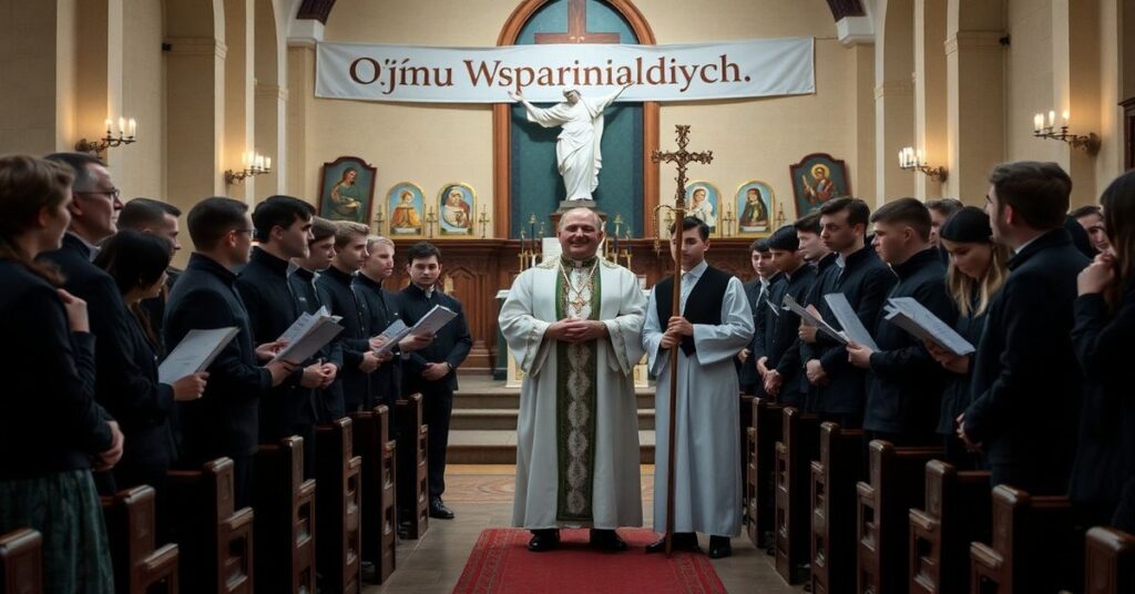Wnętrze tradycyjnego kościoła katolickiego podczas konkursu 'Ośmiu Wspaniałych', z młodymi wolontariuszami i fałszywym biskupem w nowoczesnych szatach liturgicznych.