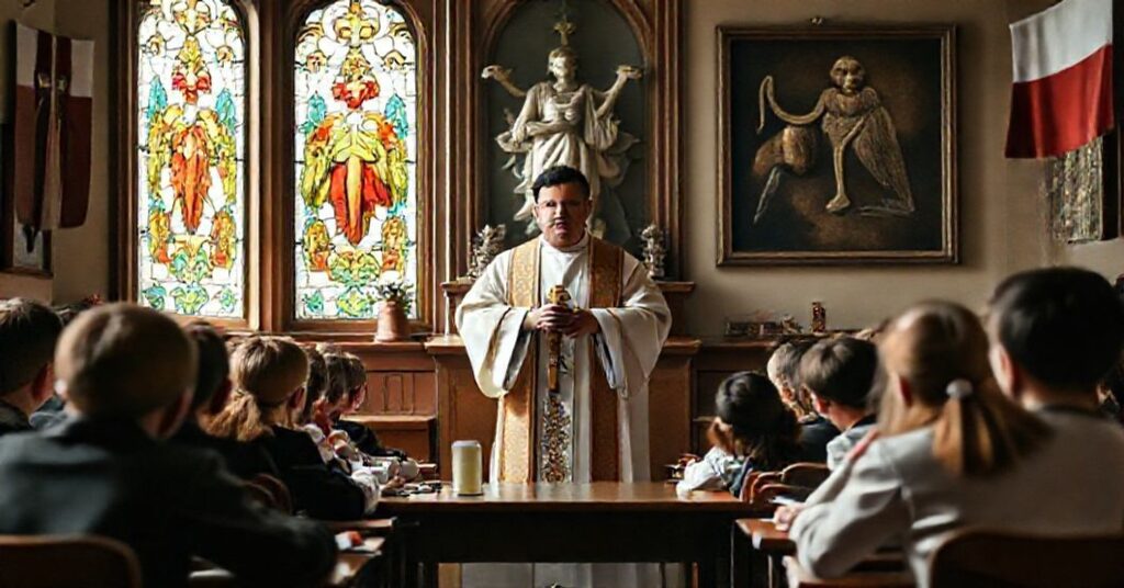 Scena klasy katolickiej z uczniami biorącymi udział w konkursie patriotycznym pod nadzorem kapłana w tradycyjnym sutannie. Na tle widoczne są symbole katolickie i polska historia religijna.