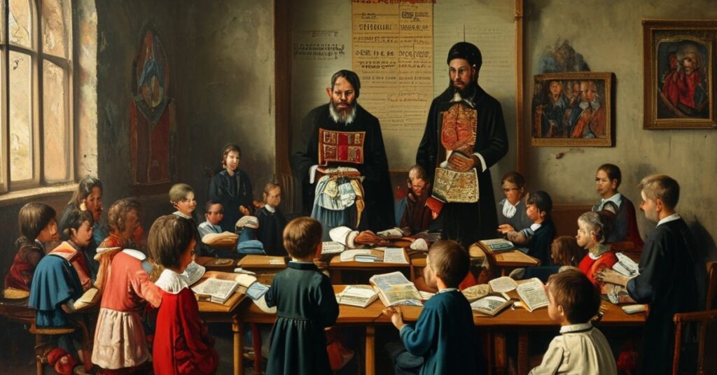 Uroczyście przebrane klasy szkolne z portretem Karola Wojtyły na ścianie podczas konkursu religijnego w Trzebiczu