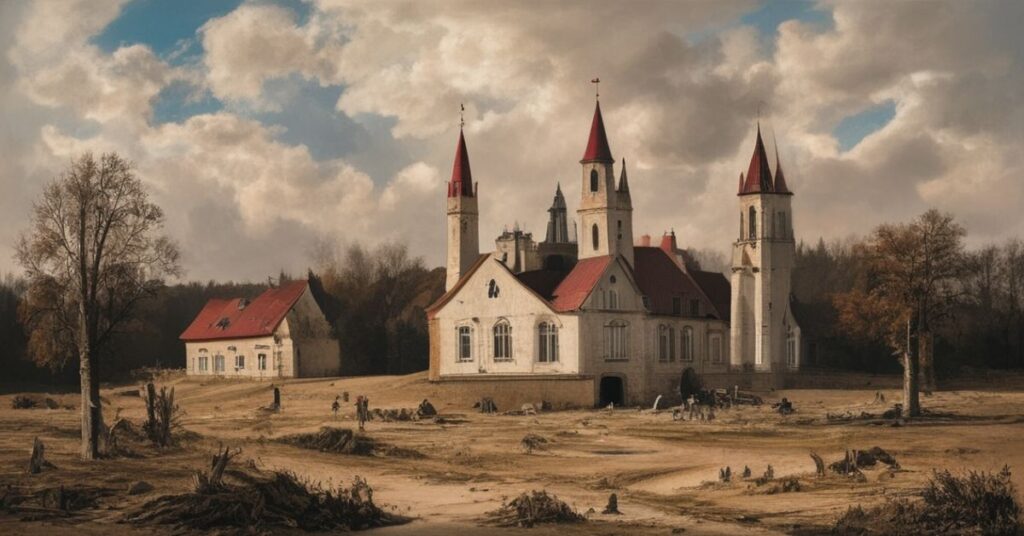 Konrad Krajewski, bergoglian jesteśmy jałmużnikiem bergoglianów, stoi przed zniszczonym kościołem na Ukrainie, otoczony kocami i termoforami.