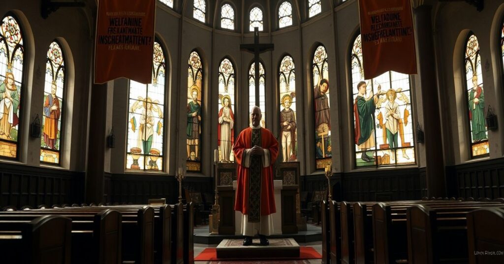 Wnętrze kościoła w Łodzi z Konradem Krajewskim przedstawionego jako modernistyczny kardynał na ołtarzu otoczonym chaosem i elementami świeckimi.