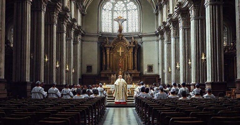 Tradycyjna wnętrze bazyliki z pozorną konsekracją biskupią współczesnych hierarchów kościelnych, bez sakramentalnej ważności.