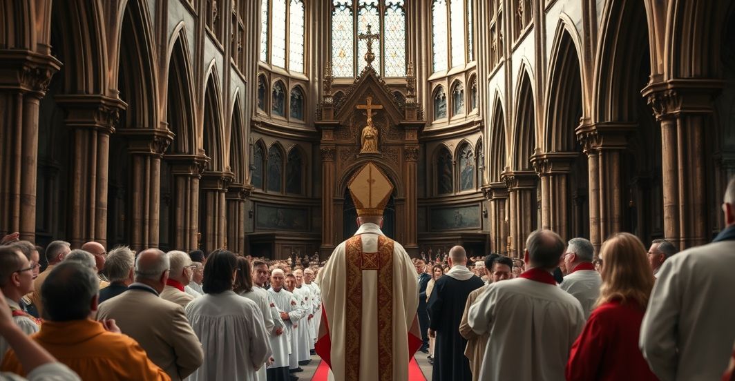 Sakralna scena konsekracji biskupa w katedrze, oddająca powagę i tradycję katolicką, z duchownymi i wiernymi w modlitewnym skupieniu
