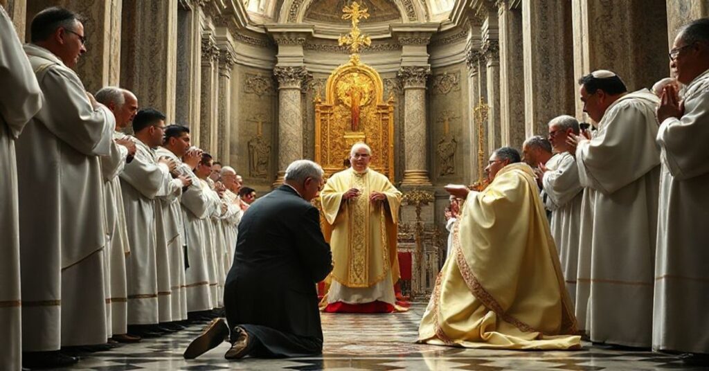 Ilustracja przedstawia nieprawowitną konsekrację biskupią w Bazylice św. Piotra z antypapieżem i modernistycznymi duchownymi.