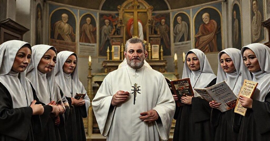 Grupa konsekrowanych dziewic w kościele, tło z modernistycznym ołtarzem i bannermi aktywizmu społecznego