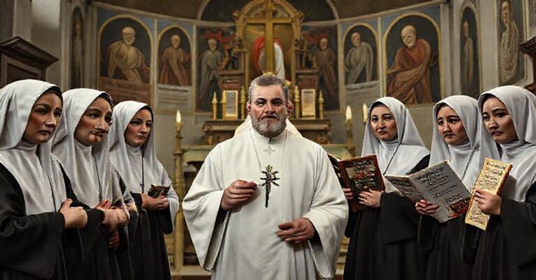 Grupa konsekrowanych dziewic w kościele, tło z modernistycznym ołtarzem i bannermi aktywizmu społecznego