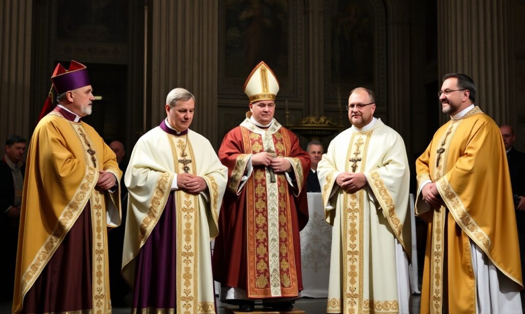 Obraz przedstawiający uroczystość konsekracji czterech nowych 'biskupów' przez uzurpatora Leona XIV w bazylice laterańskiej.