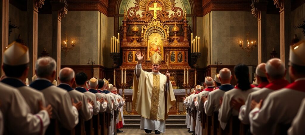 Wnętrze kościoła z tradycyjnym ołtarzem podczas konsekracji w Żydowie, z biskupem w tradycyjnych szatach liturgicznych.