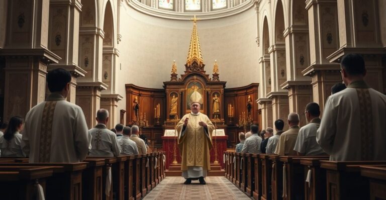 Rewerentny obraz tradycyjnego katolickiego kościoła podczas konsekracji, z kapłanem w liturgii, ukazujący odrzucenie modernistycznych błędów