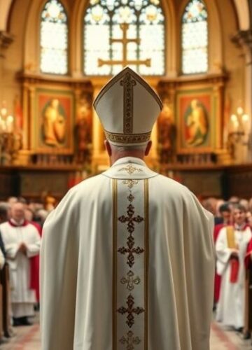 Konsekracja biskupa w tradycyjnym stylu katolickim - realistyczne zdjęcie sakramentu Fotografia realistyczna ukazująca poważne i tradycyjne uroczystości konsekracji biskupiej w katolickim kościele, podkreślająca hierarchię i świętość sakramentu według katolickiej doktryny.