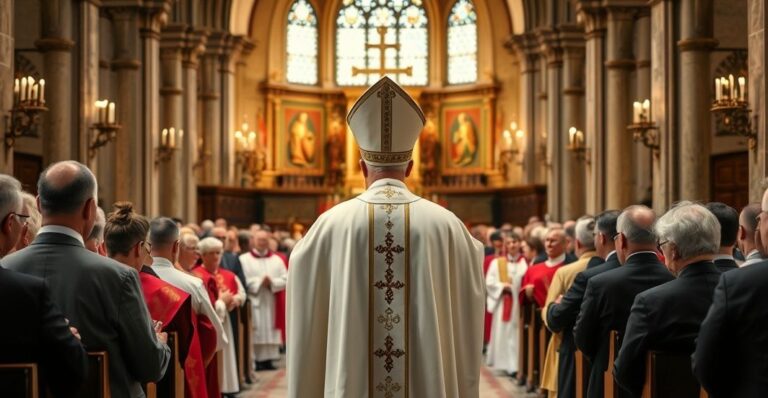 Fotografia realistyczna ukazująca poważne i tradycyjne uroczystości konsekracji biskupiej w katolickim kościele, podkreślająca hierarchię i świętość sakramentu według katolickiej doktryny.