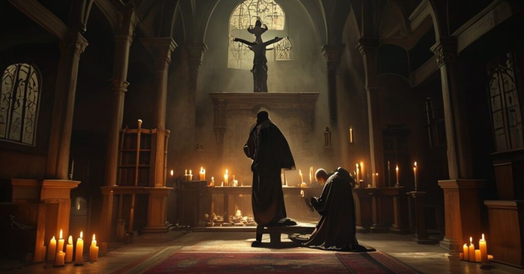 Świetny obraz przedstawiający konsekrowaną osobę w modlitwie w tradycyjnym kościele katolickim.